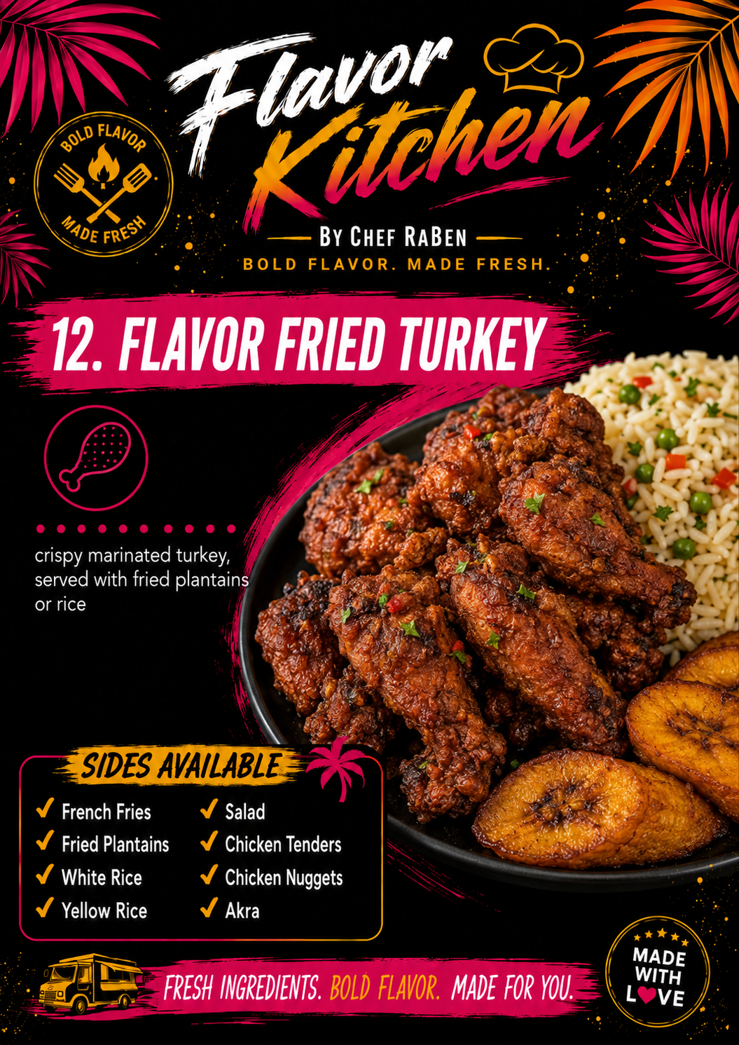 Flavor Kitchen menu poster for Flavor Fried Turkey by Chef RaBen