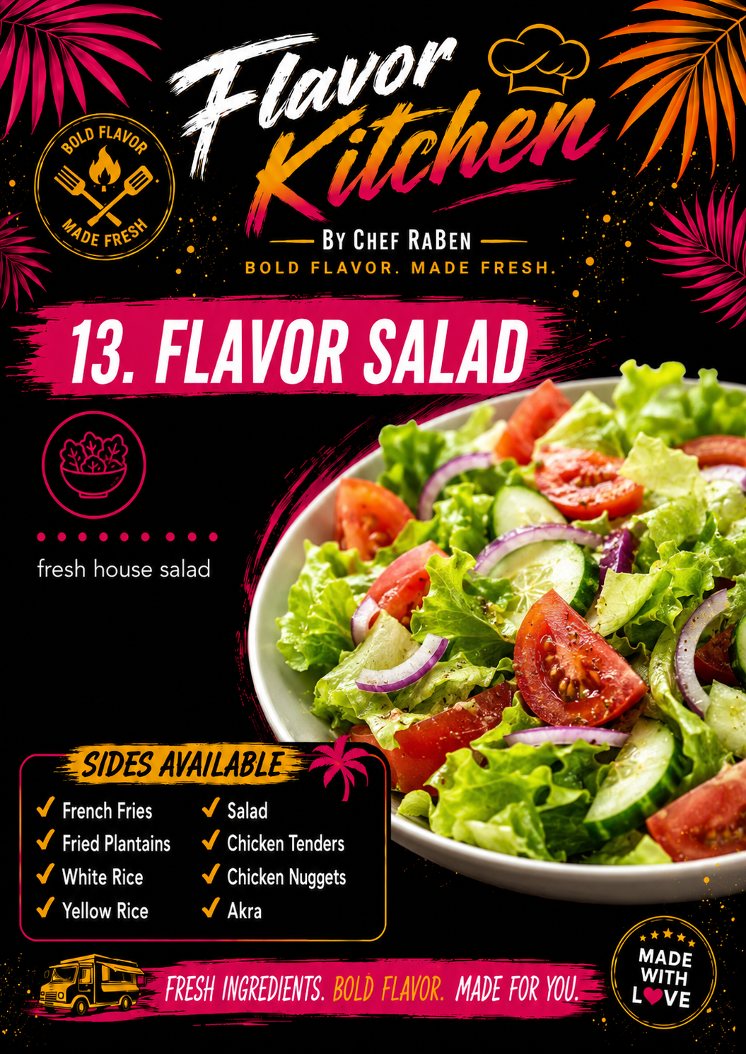 Flavor Kitchen menu poster for Flavor Salad by Chef RaBen