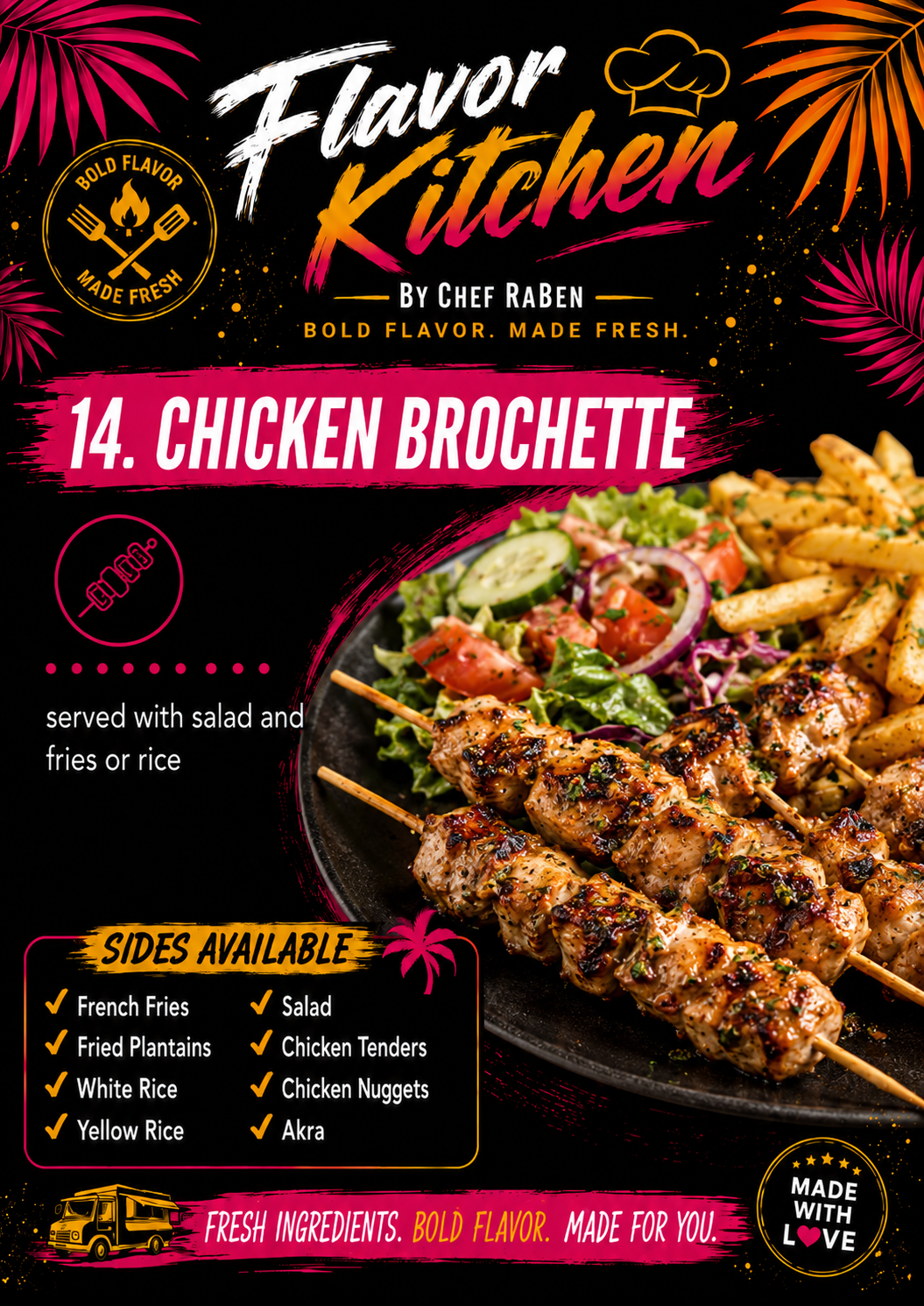 Flavor Kitchen menu poster for Chicken Brochette by Chef RaBen