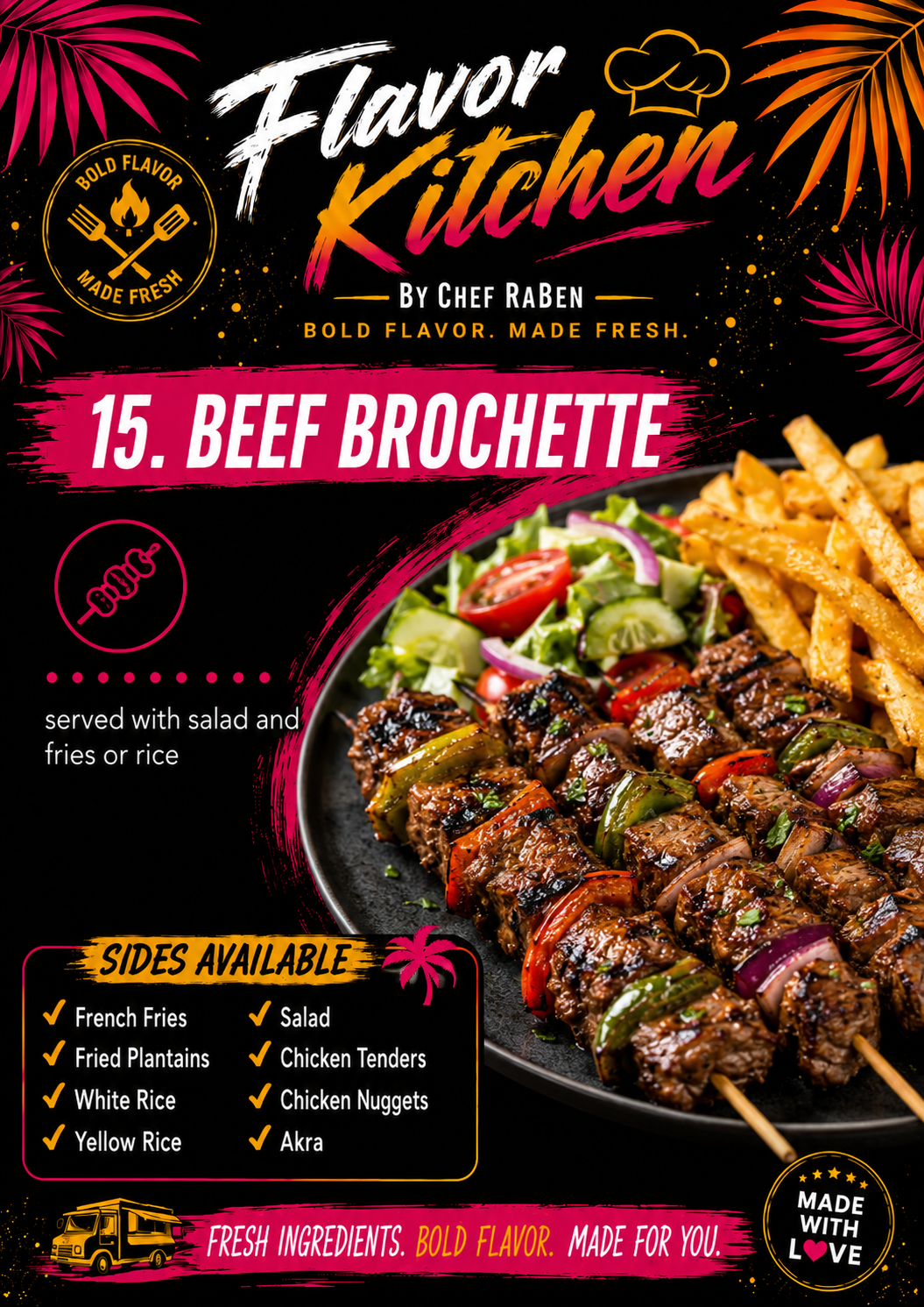 Flavor Kitchen menu poster for Beef Brochette by Chef RaBen