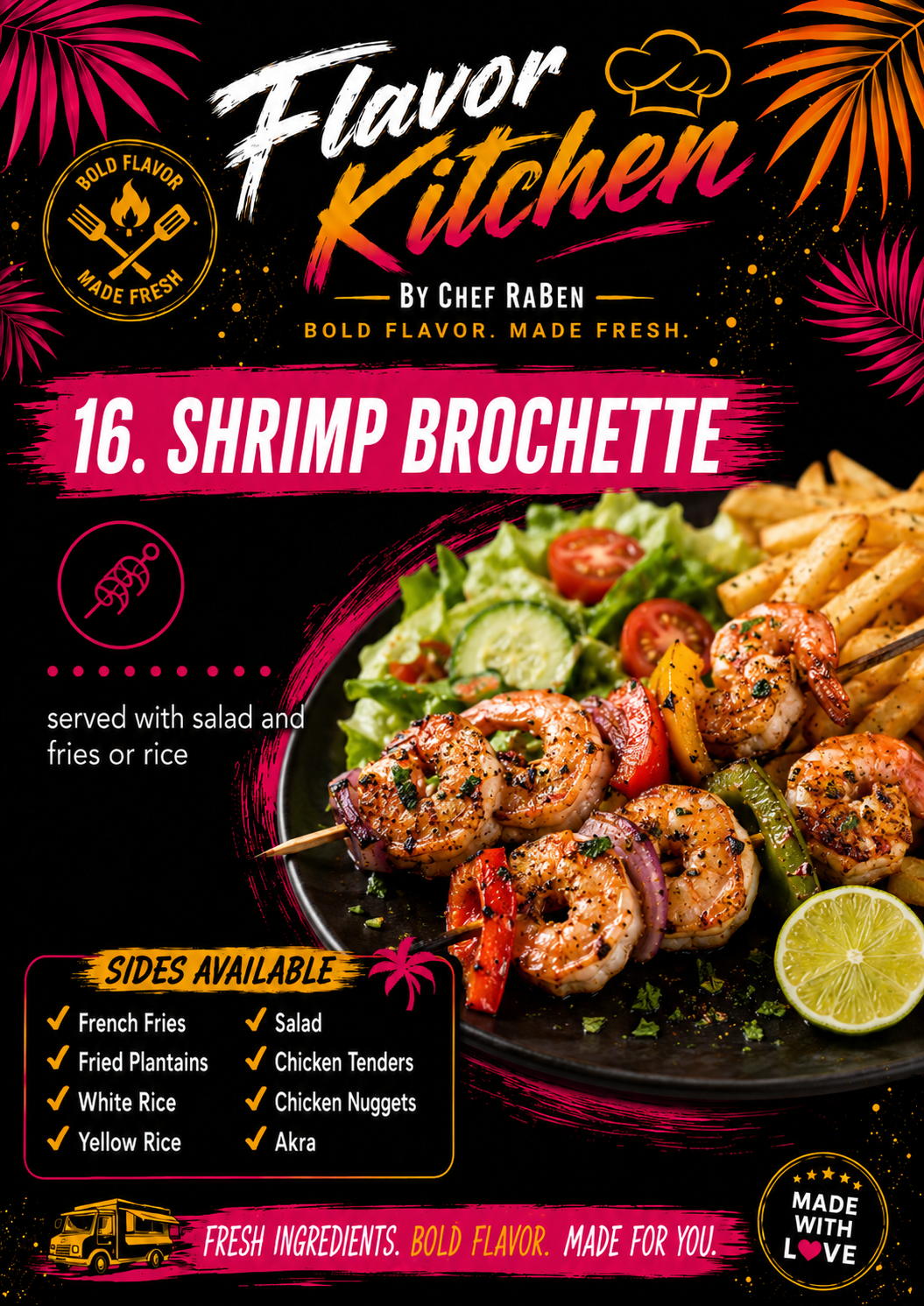 Flavor Kitchen menu poster for Shrimp Brochette by Chef RaBen