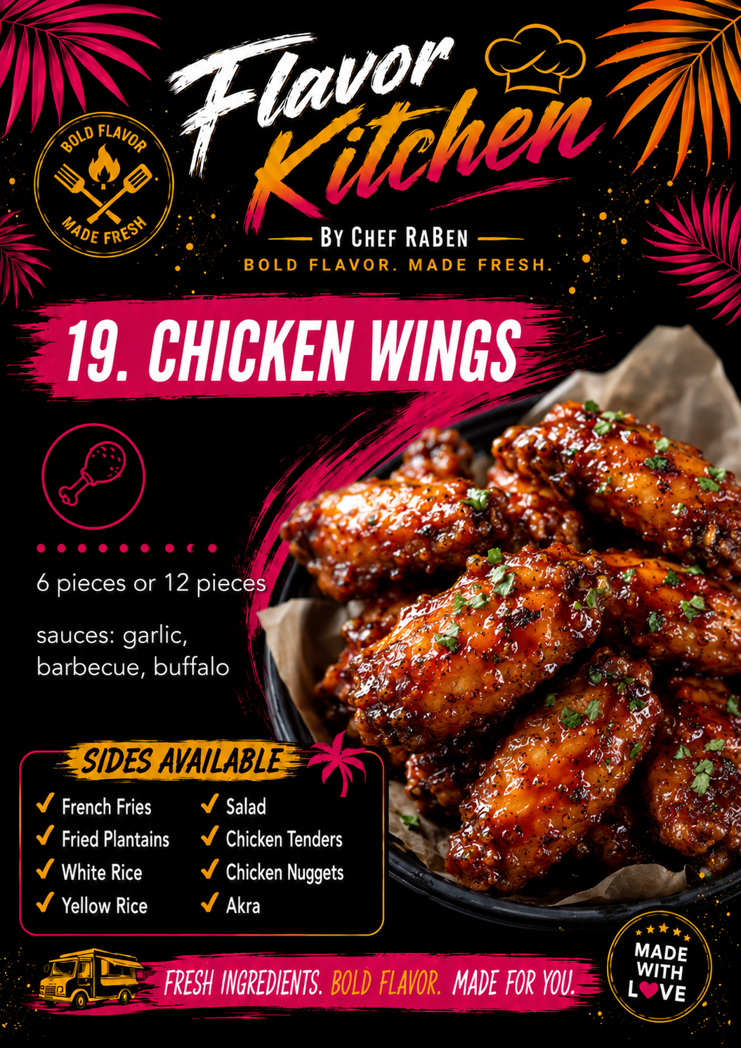 Flavor Kitchen menu poster for Chicken Wings by Chef RaBen