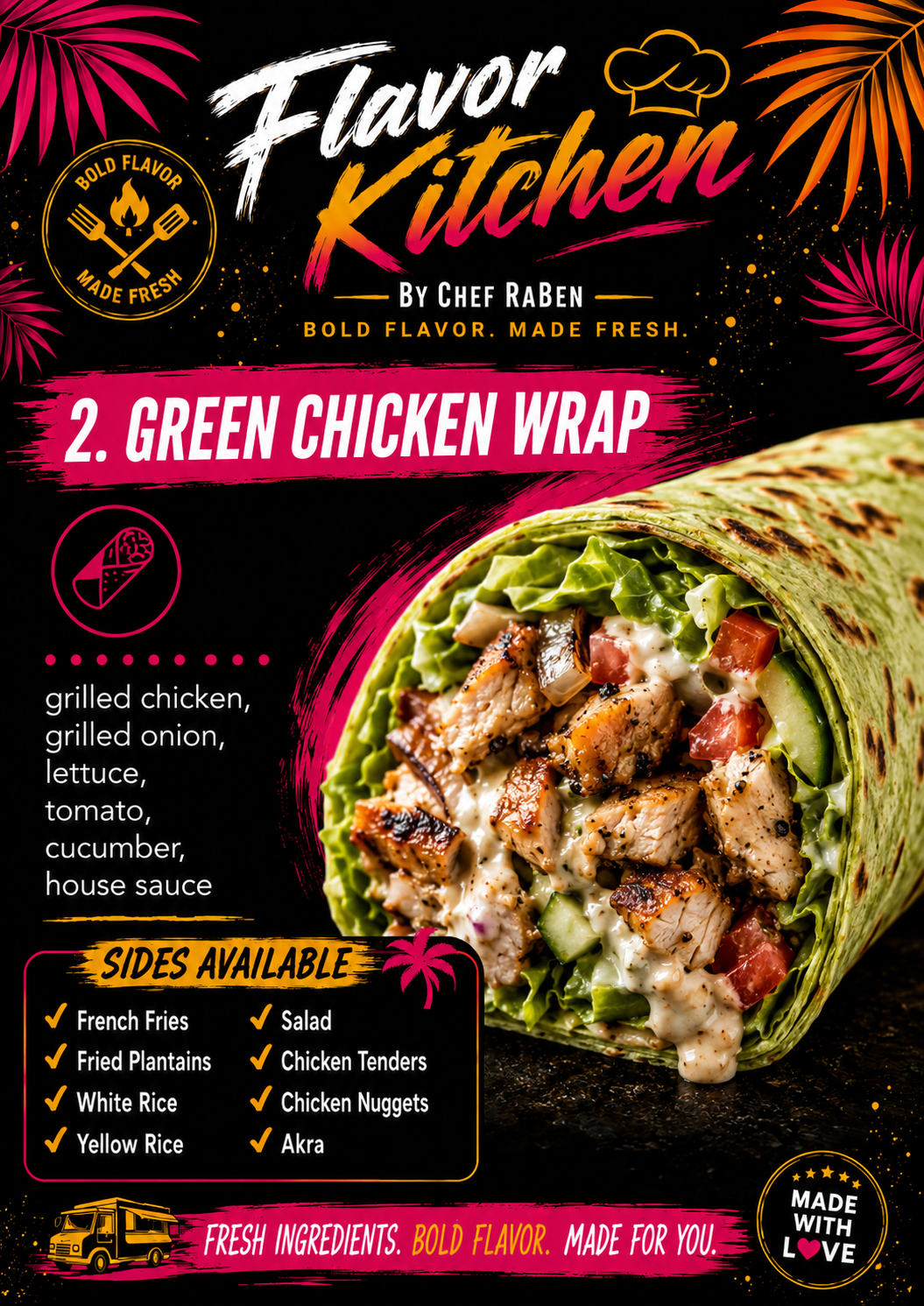 Flavor Kitchen menu poster for Green Chicken Wrap by Chef RaBen