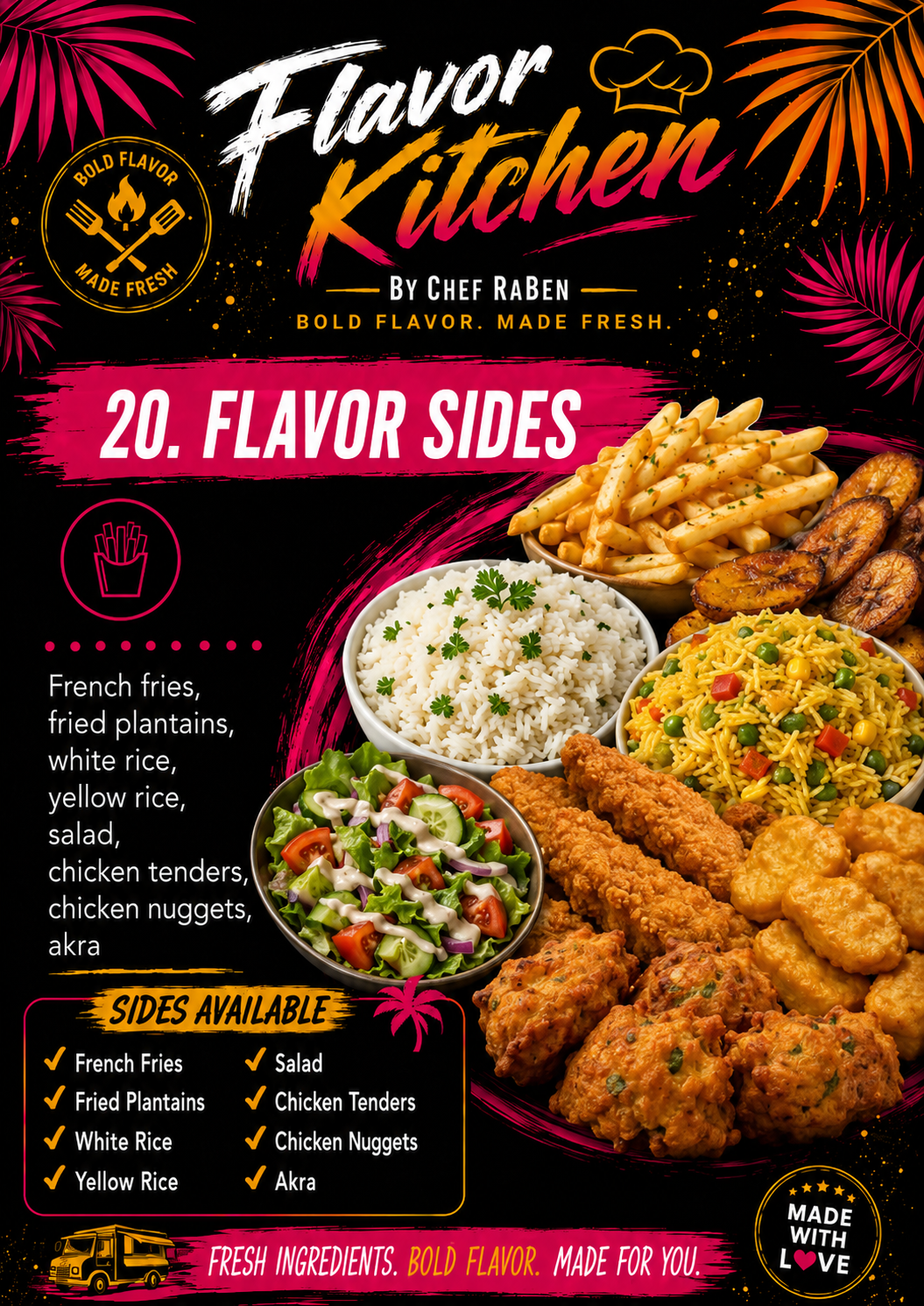 Flavor Kitchen menu poster for Flavor Sides by Chef RaBen