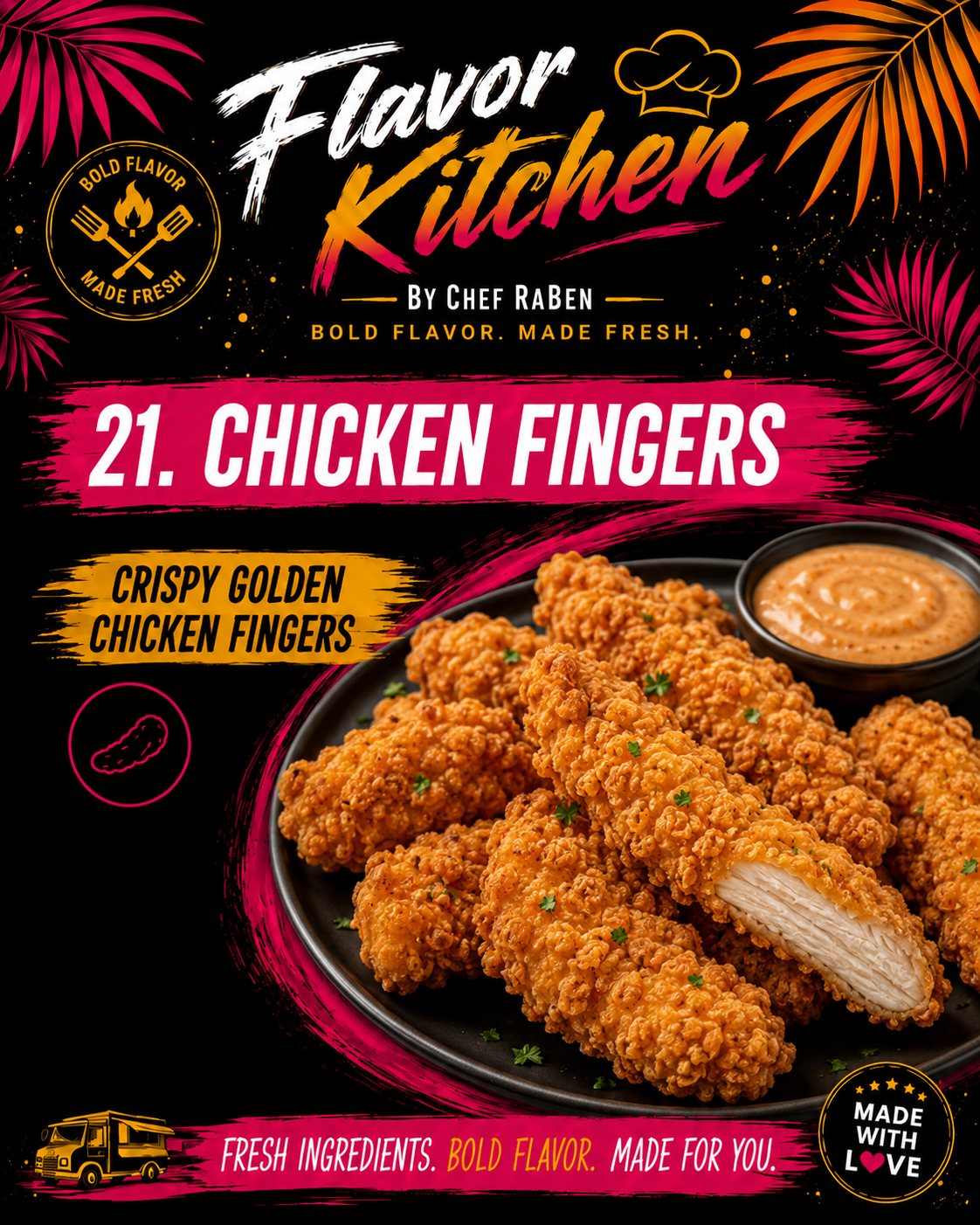 Flavor Kitchen menu poster for Chicken Fingers by Chef RaBen