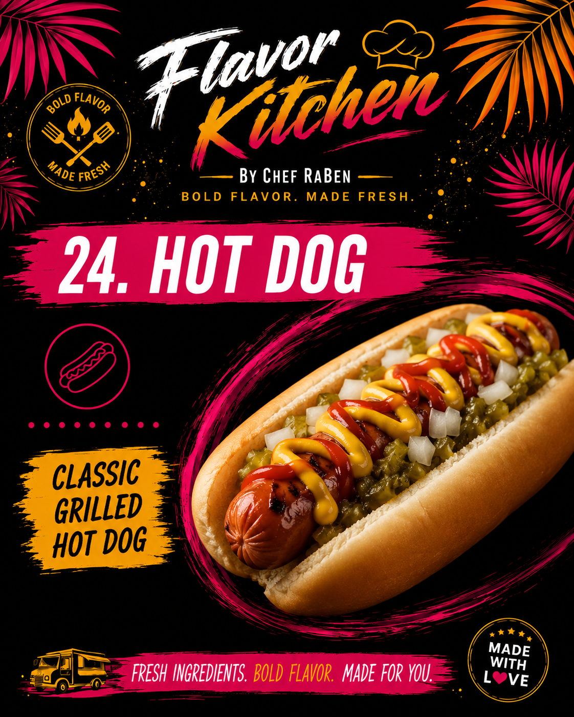 Flavor Kitchen menu poster for Hot Dog by Chef RaBen