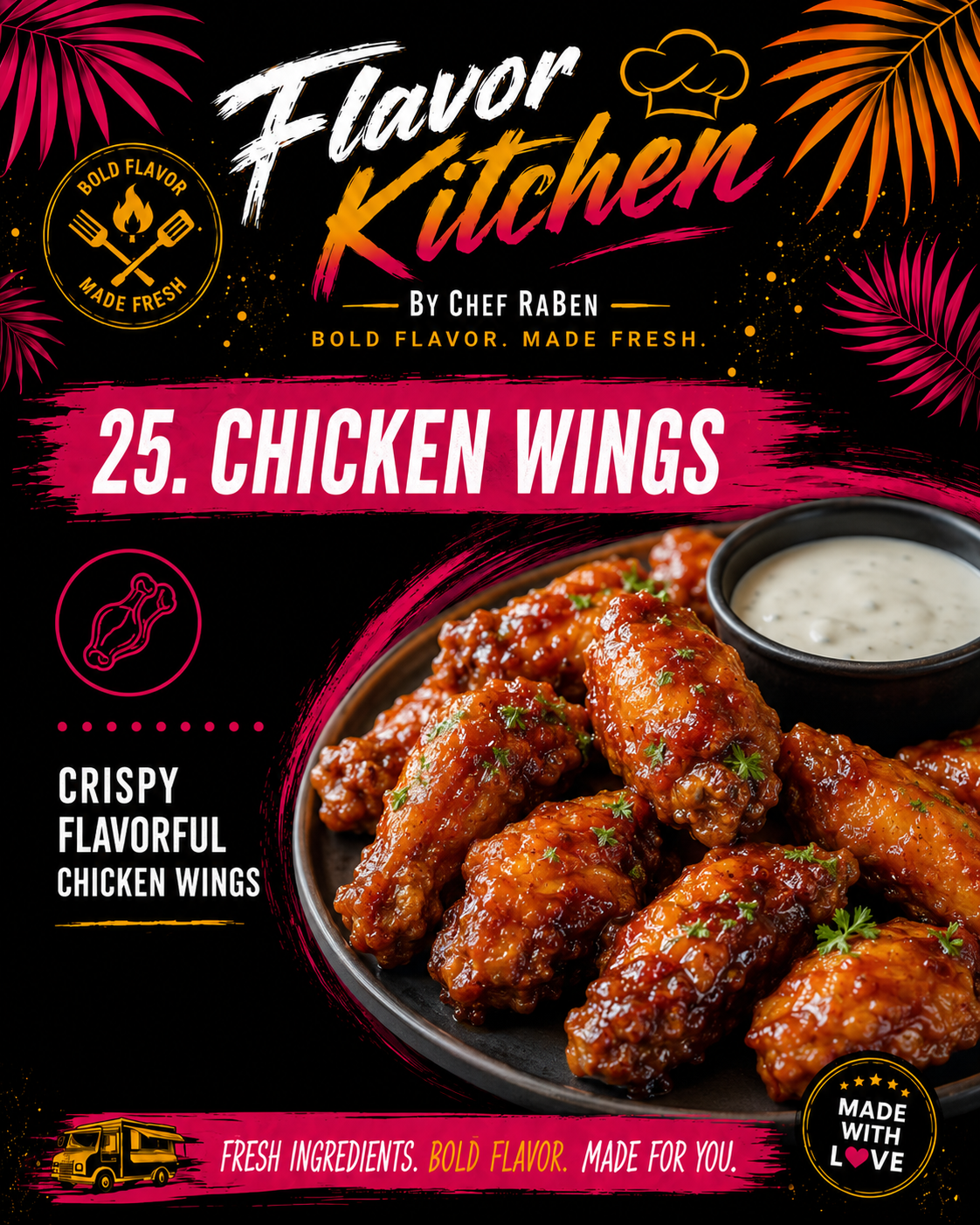 Flavor Kitchen menu poster for Chicken Wings by Chef RaBen