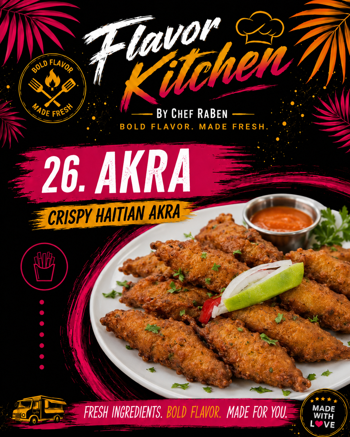 Flavor Kitchen menu poster for Akra by Chef RaBen