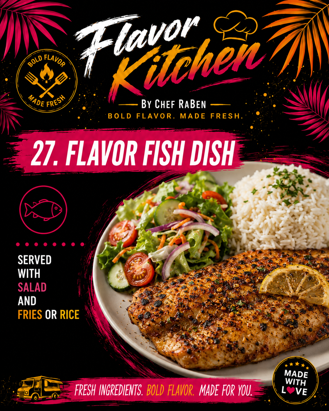 Flavor Kitchen menu poster for Flavor Fish Dish by Chef RaBen