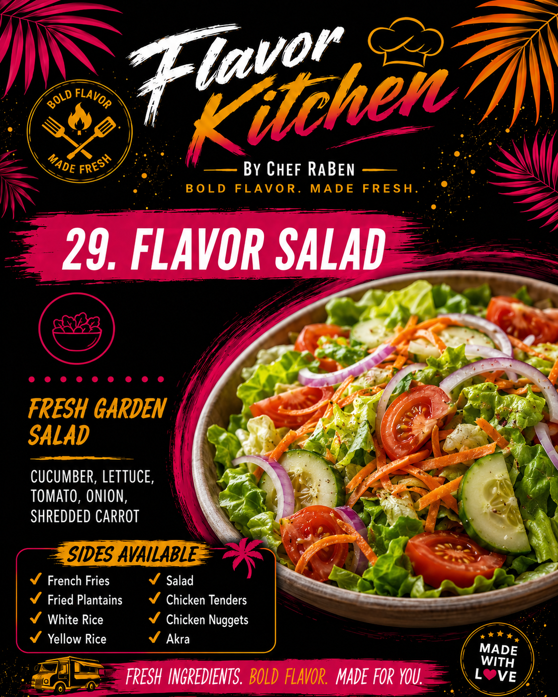 Flavor Kitchen menu poster for Flavor Salad by Chef RaBen