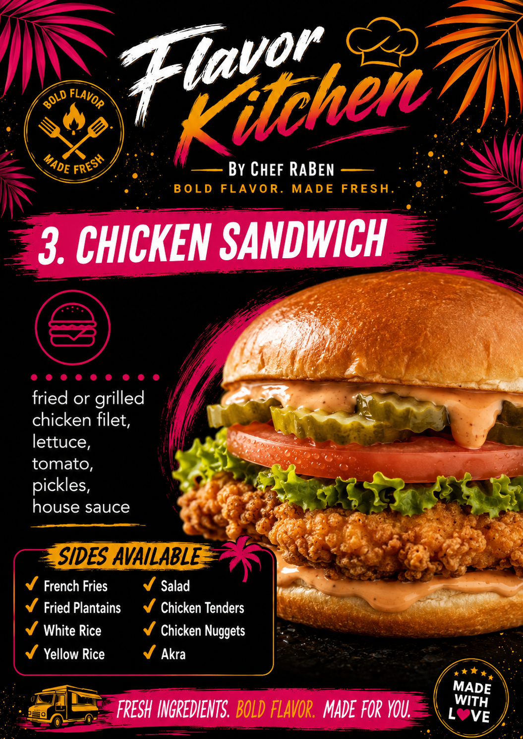 Flavor Kitchen menu poster for Chicken Sandwich by Chef RaBen