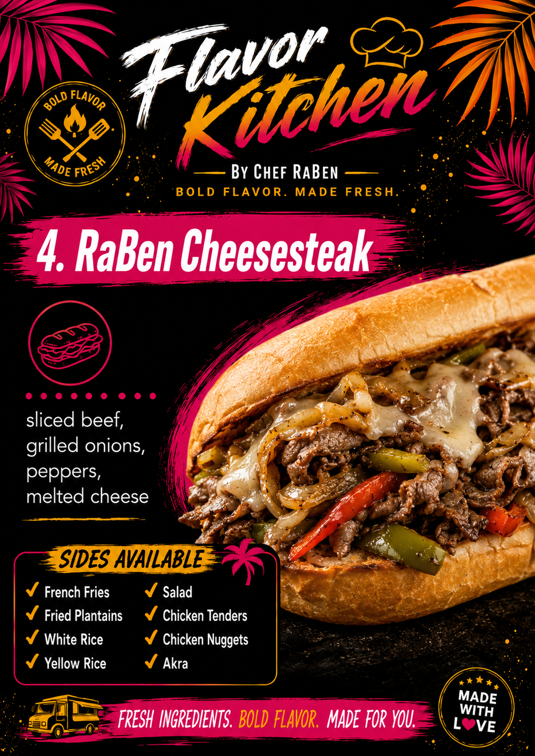 Flavor Kitchen menu poster for RaBen Cheesesteak by Chef RaBen