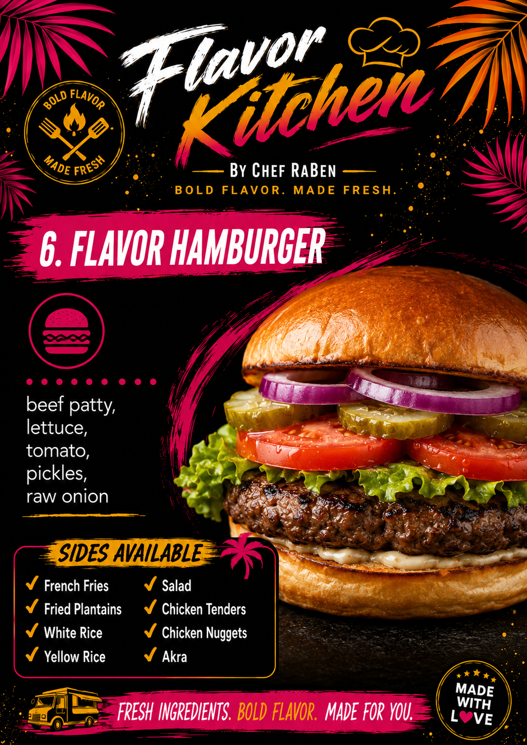 Flavor Kitchen menu poster for Flavor Hamburger by Chef RaBen