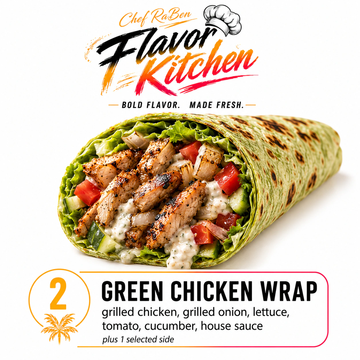 Flavor Kitchen green chicken wrap menu item number 2.