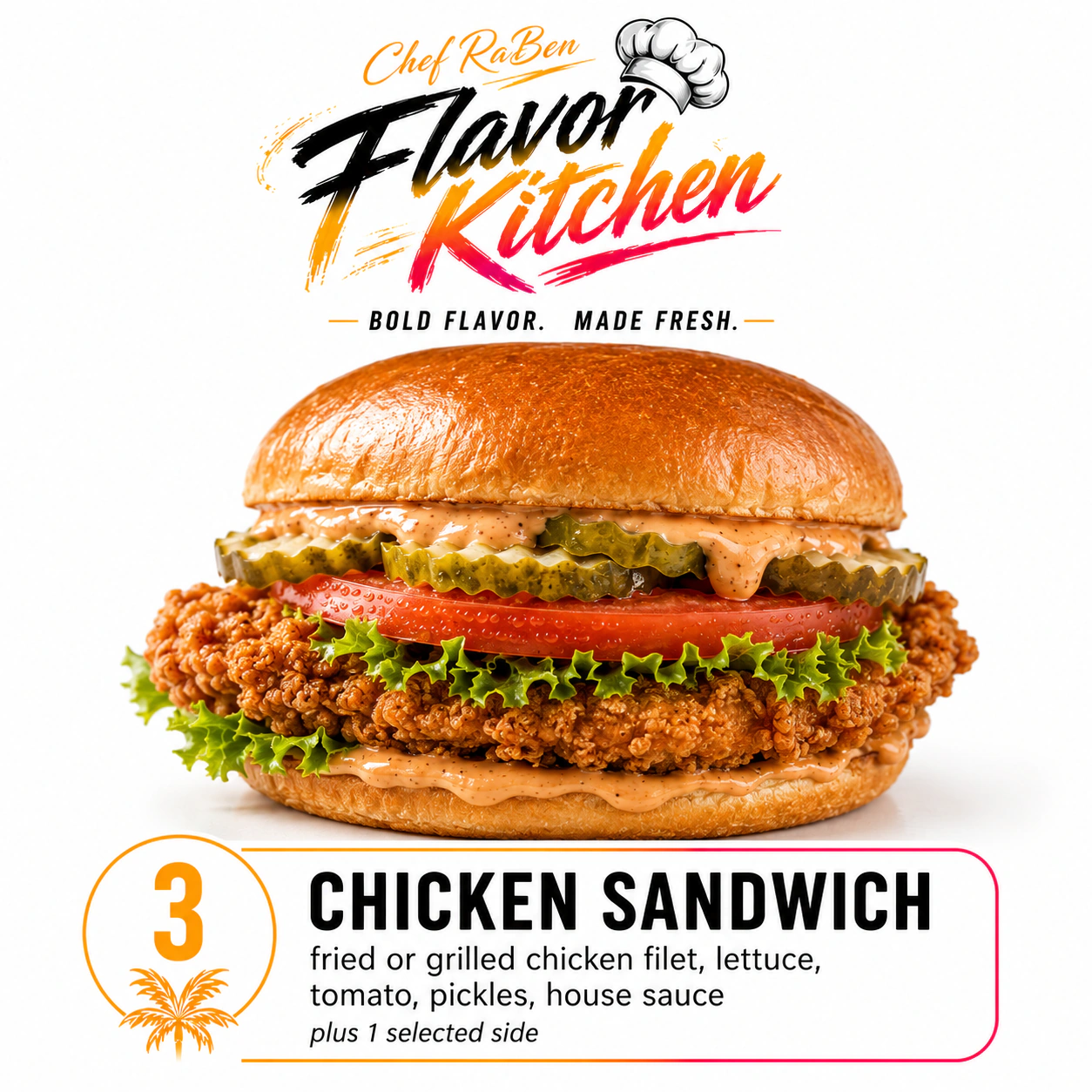 Flavor Kitchen chicken sandwich menu item number 3.