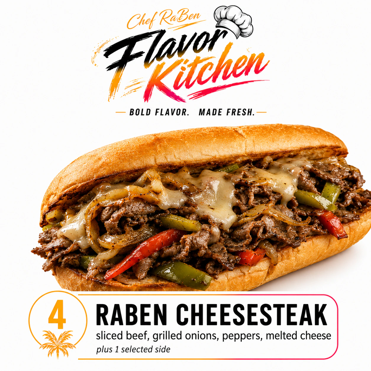 Flavor Kitchen raben cheesesteak menu item number 4.