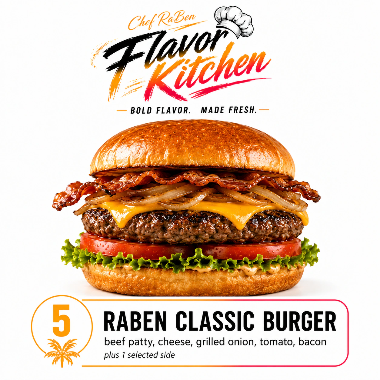Flavor Kitchen raben classic burger menu item number 5.
