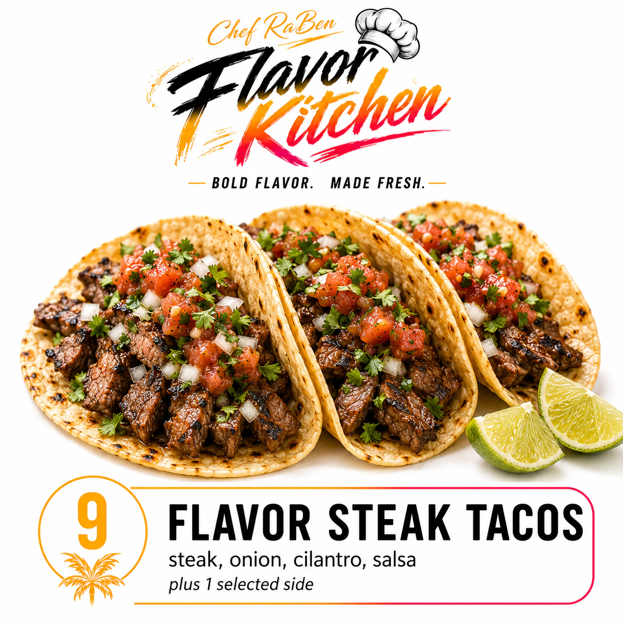 Flavor Kitchen flavor steak tacos menu item number 9.